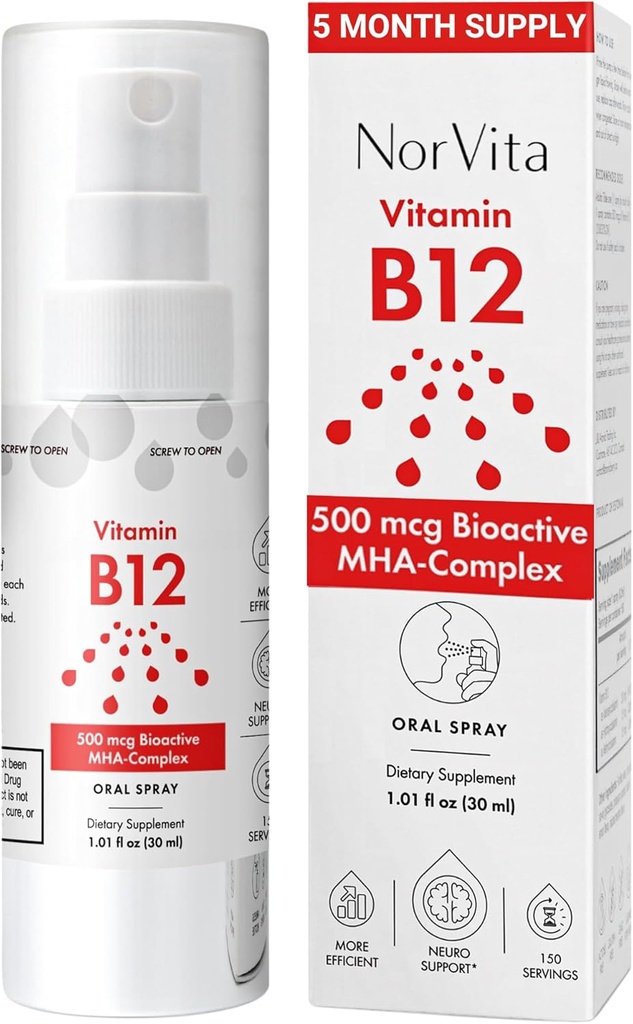 Vitamina B12 Spray 500 mcg (150 Servings) - Complex de absorbţie rapidă MHA (Metilcobalamină, hidroxicobalamină, adenosilcobalamină) - Supliment Vegan, Non-GMO, lichid B12
