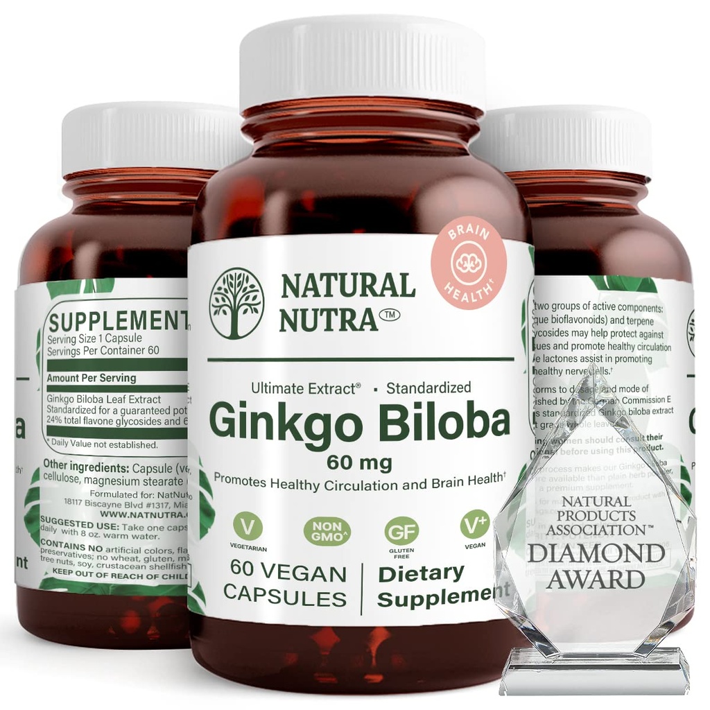 Natural Nutra Ginkgo Biloba, Îmbunătățește circulatia la creier și stimulează memoria, crește fluxul de oxigen, și îmbunătățirea funcției cerebrale, sprijinirea sănătății nervoase, Vegan și gluten gratuit, (60) Capsule