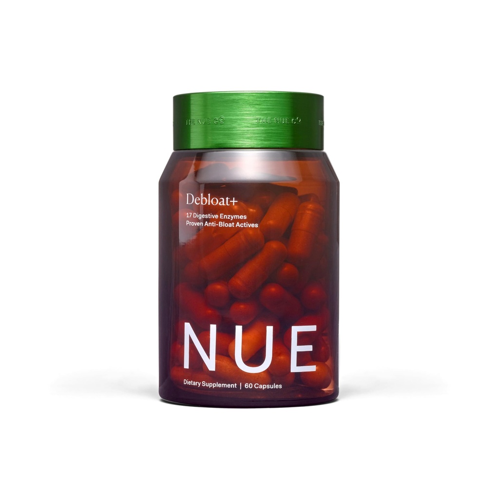 Nue Co. DEBLOAT. Supliment, Blooting, Soothes gaz și dureri abdominale, Suport pentru imunitate, Îmbunătățește sănătatea gust, Vegan, Gluten gratuit, 60 capsule