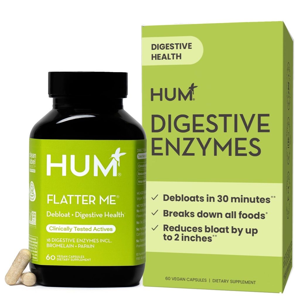 HUM Flatter Me Enzime digestive pentru femei și bărbați, Digestive Health Blooting Supliment cu ghimbir și frunze de mentă, Acting rapid anti Bloat pastile Multizyme pentru deblarea, Vegan, 60 capsule