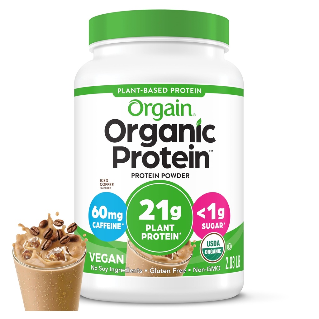 Orgain Organic Vegan Praf de proteine, cafea cu gheaţă - 21g Proteină de plante, 60mg de Cafeina, Cafenea Net scăzut, Nu Ingrediente Lactoză, Nu Adăugat zahăr, Non-GMO, Pentru Shakes & Smoothies, 2.03 lb