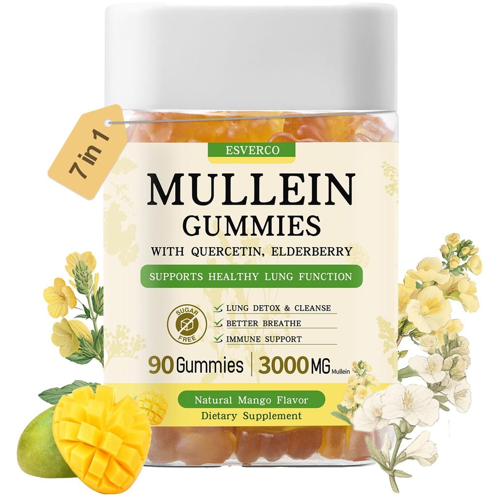 Mullein Gummies cu 3600 mg Mullein Leaf Extract, 7 in 1 pentru Lung Cleanse,Respiratory Lung Health, Immune Booster, Elderberry, Querbetin, Bromelain, Vitamina C&D3, No Sugar, for Adulți, Vegan, 90 Count