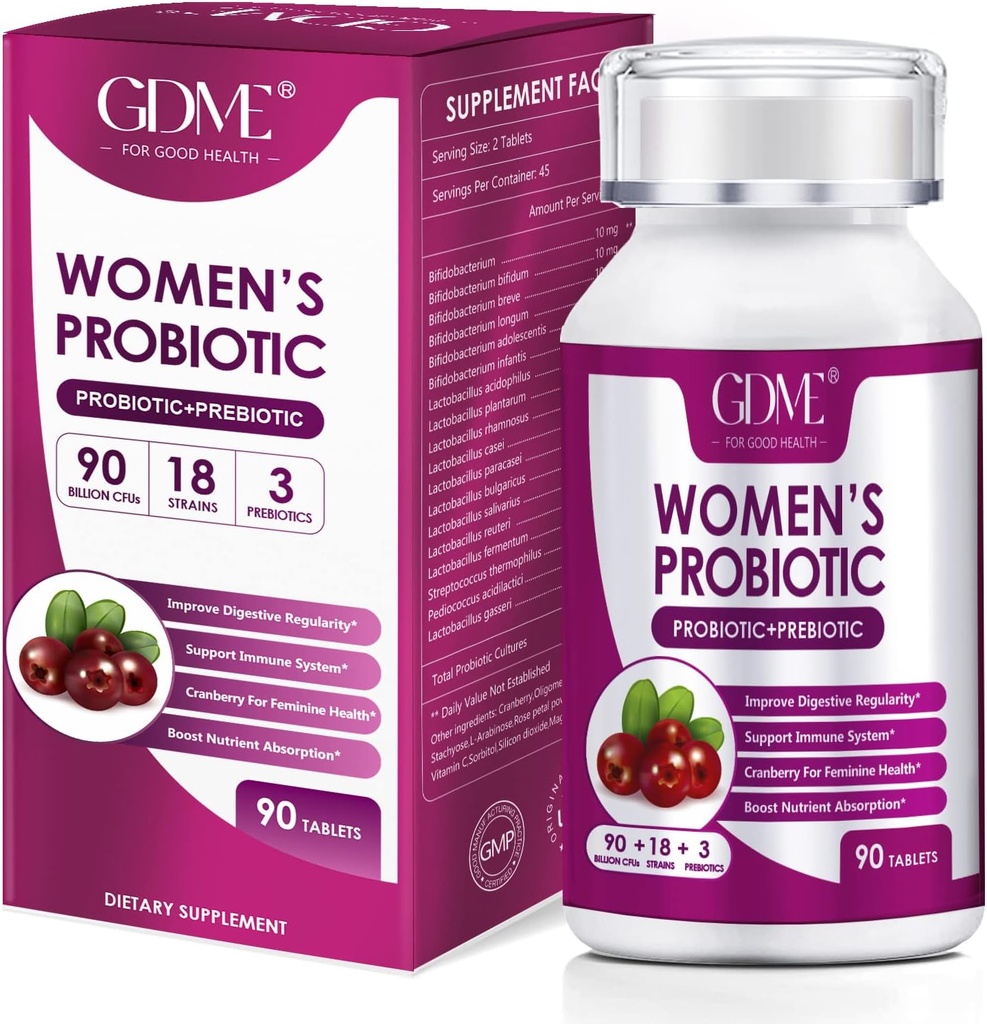 Probioticele feminine GDME, 90 comprimate 90 miliarde UFC 18 Tulpini, conține prebiotice organice, supliment probiotic pentru digestia, imunitatea, sănătatea femeilor, soia gluten lactate gratuit