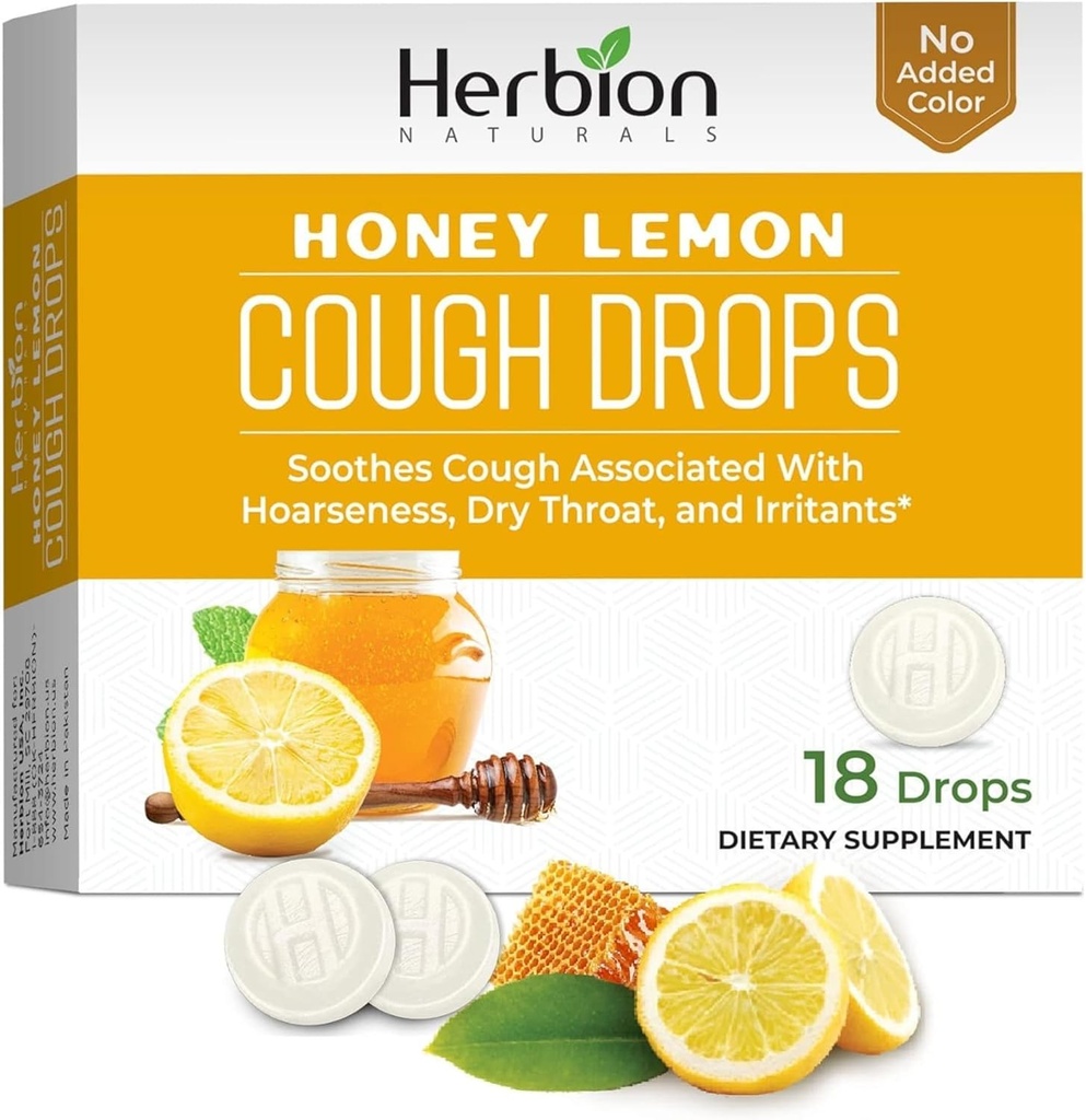 HERBION Naturals Cough Drops, Dietary Supplement, Soothes Cough, pentru adulți și copii de peste 6 ani, fără aromă artificială, fără culoare adăugată (18 Count (Pachet de 1), Honey Lemon)
