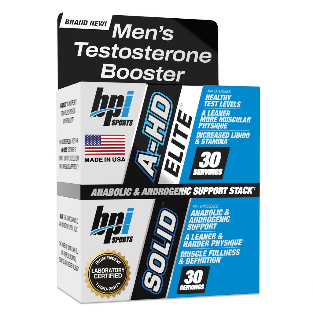 BPI Sports A-HD Elite/Solid Testosteron Booster pentru bărbaţi - Testosteron Supliment pentru musculare, Putere, Ligido & Suport de performanţă - Promovează pierdere de grăsime naturală 
