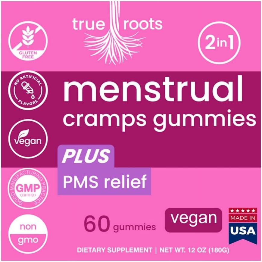 Menstrual Cramp Period Gummies True Roots | PMS Support Supplement for Women | Healthy Flow | Flo PMS Menstrual Cycle Relief, Cramping and Bloating | Vegan & Natural Flavors | 60 Count