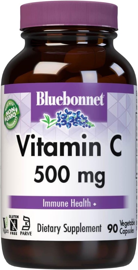 Bluebonnet Nutritie Vitamina C 500 mg Capsule vegetale, Acid ascorbic, pentru Immune Health & Skin Health, Vegan, Vegetarian, Non OMG, Gluten Free, Soy Free, Milk Free, Kosher, 90 Capsule vegetale