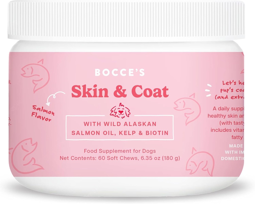 Bocce's Bakery Skin & Coat Supplement for Dogs, Daily Chews Made in the USA with Vitamin E & Essential Fatty Acids, Supports Healthy Skin & Coat, Salmon, 60 ct, Red (DG-SP-SKIN60)