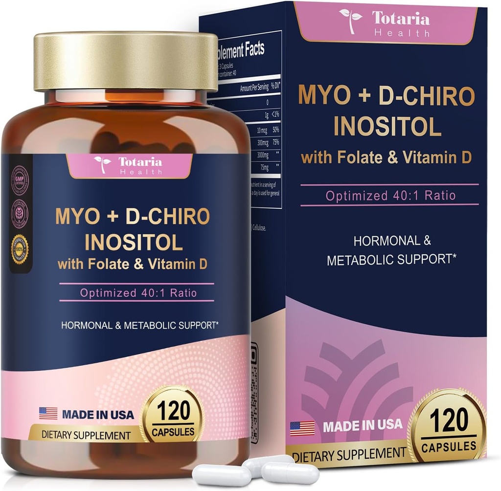 Totaria Inositol Supliment - 3075mg Myo-Inositol & D-Chiro Inositol Capules Plus Vitamina D3, Folat, Ideal 40:1 Raport - Echilibru hormonal pentru femei & ovariane* Suport 