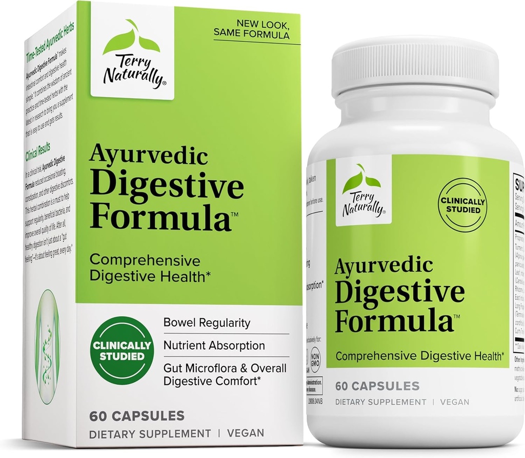 Terry Naturally Ayurvedic Digestive Formula - Digestive Support for Regularity - Support for Bowel Health - Nutrient Absorption Support - Support Gut Health & Gut Microflora - 60 Capsules