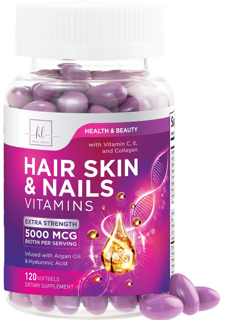 Păr, Piele şi unghii Vitamine pentru femei - Biotin 5000mcg pentru a sprijini creşterea părului cu ulei de argan, Colagen & Acid hialuronic, Piele frumoasă, mai puternică, Hair & Nails Suplimentul de vitamine - 120 Softgels