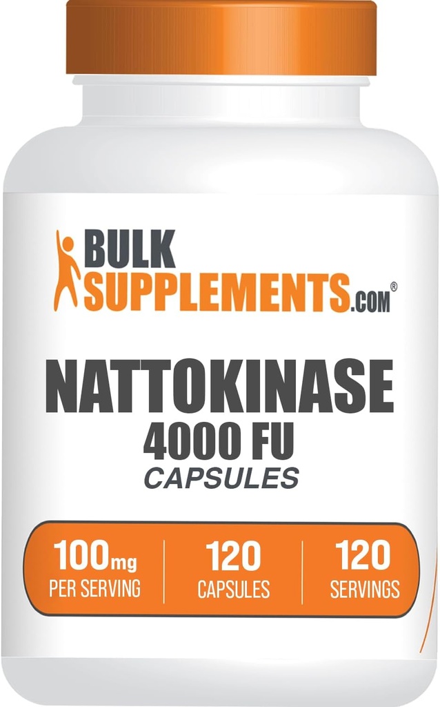 BulkSupplements.com Nattokinaza 4000 capsule FU - Nattokinaza Supliment, Sursa de Natto Extract, Nattokinaza 100mg - Gluten Free, 1 capsulă per Serving, 120 capsule (Pachet de 1)