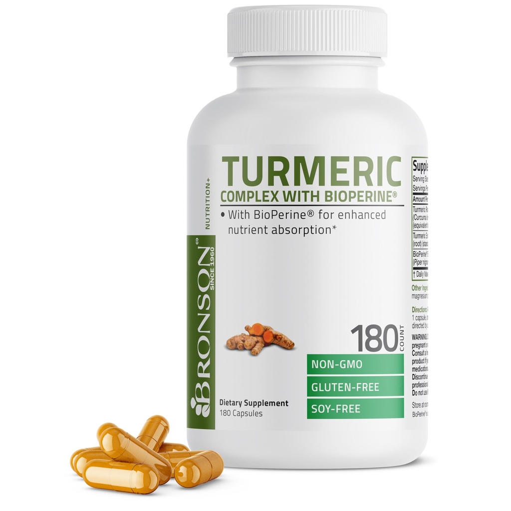 Bronson Curcumin Turmeric cu BioPerine - suport comun de înaltă potenţă Premium cu 95% Curcuminoide standardizate - Capsule non-GMO cu Pepper negru - 180 Conte