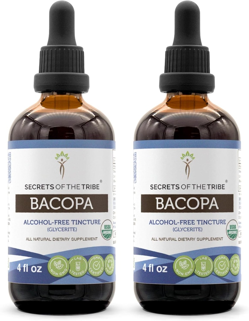 Secrets of the Tribe Bacopa USDA Organic | Alcohol-Free Extract, High-Potency Herbal Drops | Made from 100% Certified Organic Bacopa (Bacopa Monnieri) Dried Herb 2x4 oz