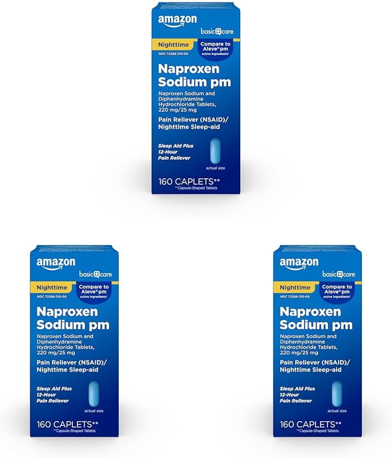 Îngrijire de bază All Night Pain Relief PM, Naproxen Sodiu, 220 mg/Difenhidramină clorhidrat, 25 mg comprimate, Durere Reliever/Nighttime Sleep-Aid, 160 Conte (Pachet de 3)