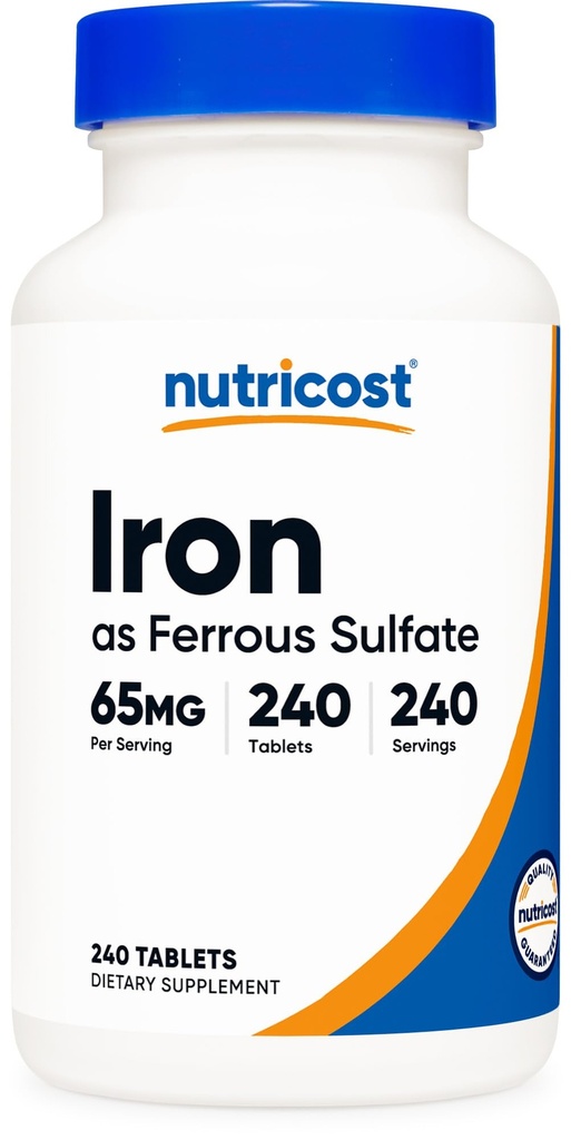 Nutricost fier (Ca sulfat feros) 65mg, 240 comprimate - non-GMO, gluten gratuit
