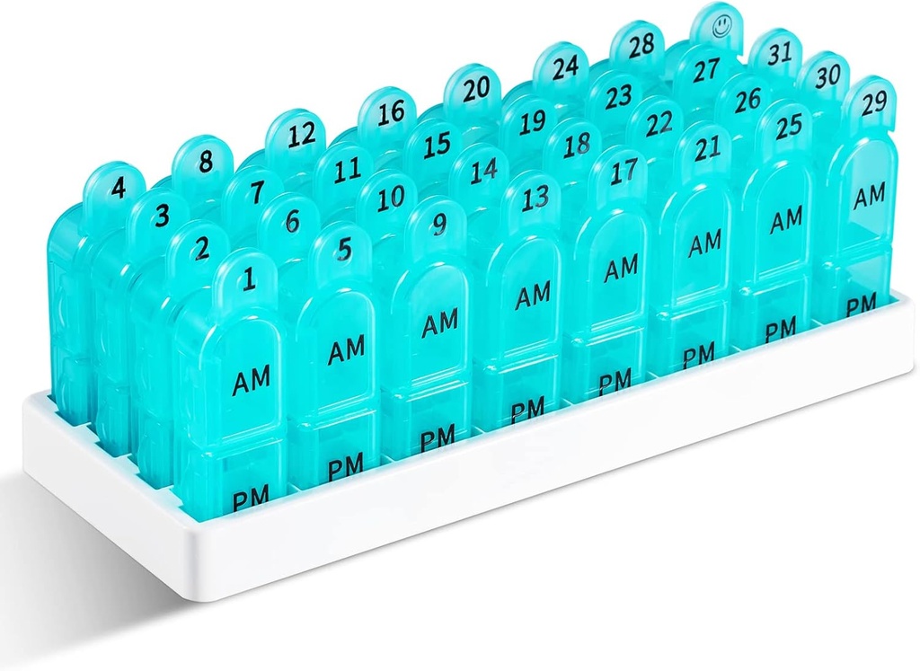 Daviky Monthly Pill Organizator 2 ori pe zi, 30 zile Pill Box AM PM cu container separat, o lună medicament caz de două ori pe zi pentru a deține vitamine, suplimente și medicamente (Cyan)