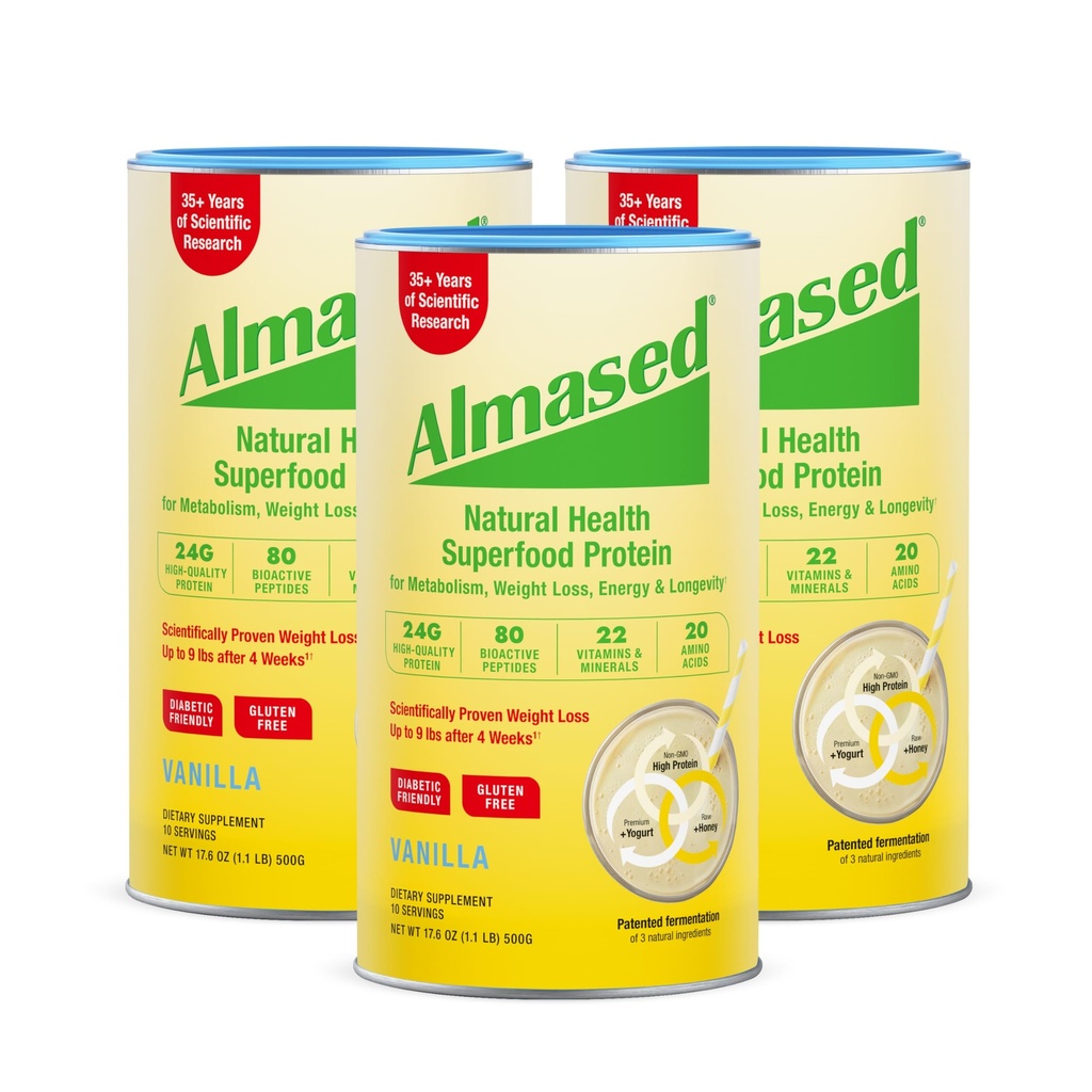 Almased Vanilla Masă de înlocuire Shake - Low-Glycemic High Plant Base Proteine pulbere- Greutate nutriţională Health Supplement - Vanilla Flavor - 17,6 oz (1.1 Pound (3 Pachet)))