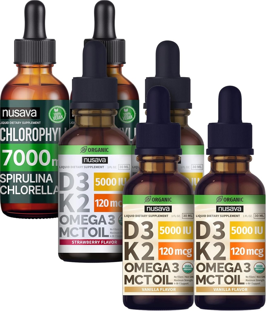 NUSAVA Strawberry Arovă D3 K2 picături, Vanilla arostat D3 K2 picături, & Clorofile picături lichide Bundle - Pottent lichid vitamine pentru inimă, comun, energie, și suport imunitar - non-GMO, gluten-free, 2pk