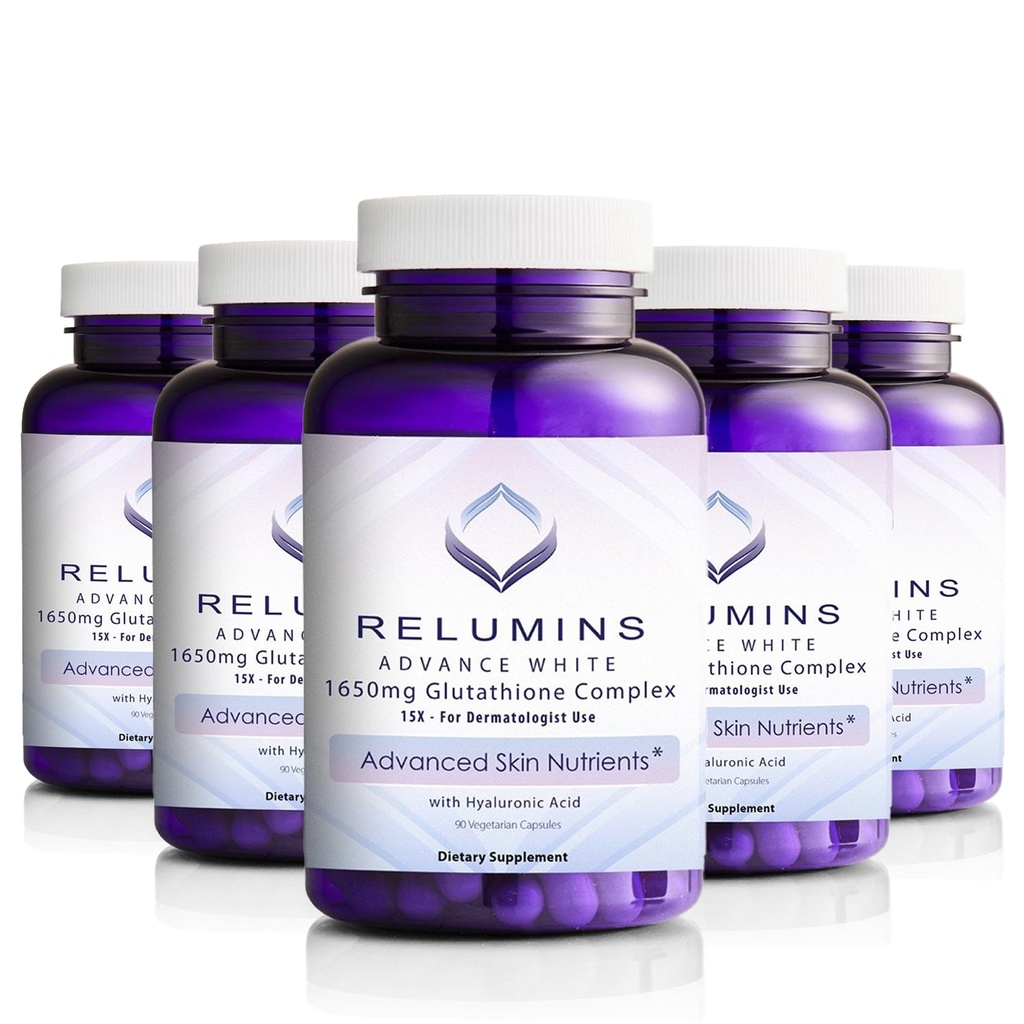 Relumins L-Glutatione Complex 1650mg - Suport antioxidant cu acid lipoic alfa, NAC, L-Metionina, Vitamina E, Suplimentul de sanatate a pielii, Made in USA - 90 Capsule vegetariene x 5 Flacoane