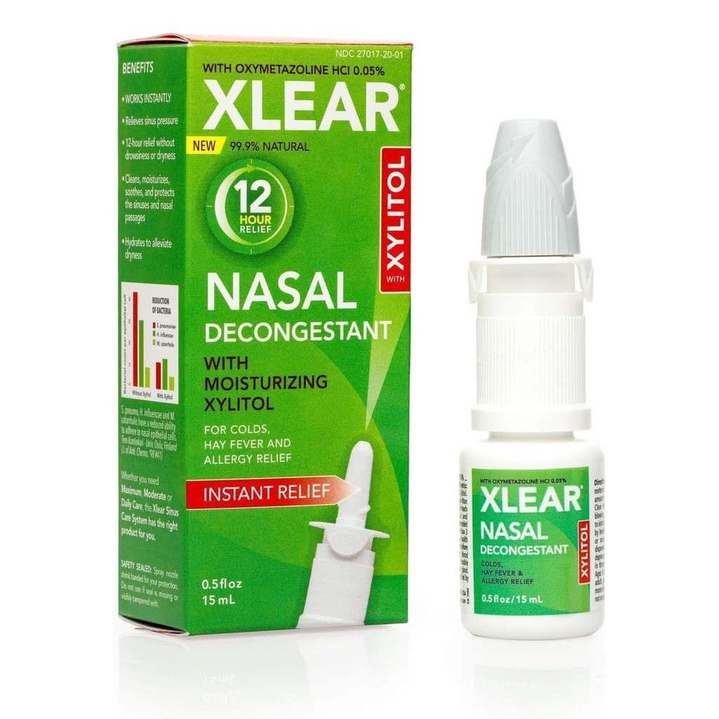 Xlear 12-Hour Spray Nasal decongestant, Spray Nasal natural salin cu Xilitol și Oxymetazolină, Presiune Sinus instant și ajutor de congestie pentru copii și adulți 0,5 fl oz (Pachet de 1)