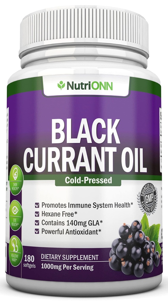 Ulei de coacăze negre - 1000 Mg - 180 Softgels - ulei de sămânţă pur negru presat la rece - hexane gratuit - 140mg GLA per servire - reglează echilibru hormonal - mare pentru sistemul imunitar, păr și piele