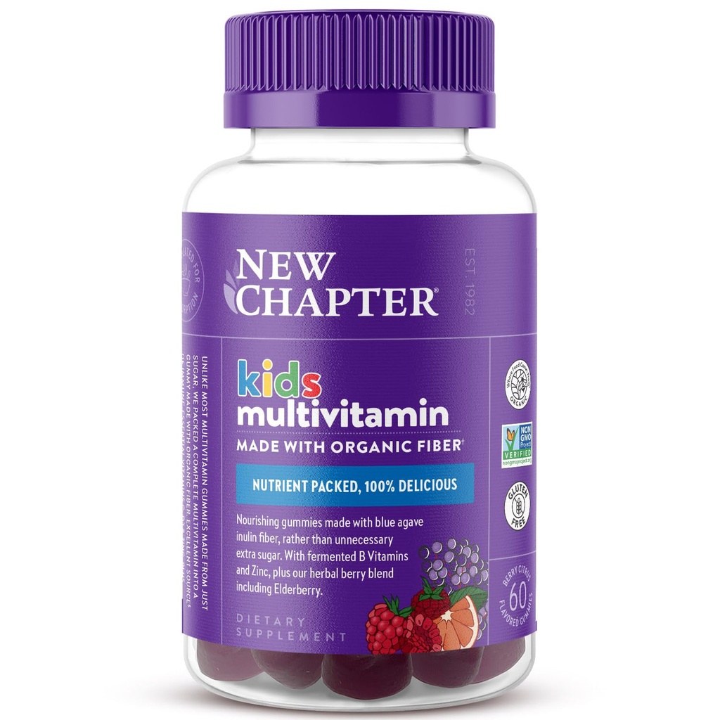 New Chapter Kids Multivitamine Gummies - 65% Mai puțin zahăr, Copii Gummy Vitamine cu vitamine C, D3 & Zinc, Non-GMO, Gluten Free, Berry-Citrus, 60ct
