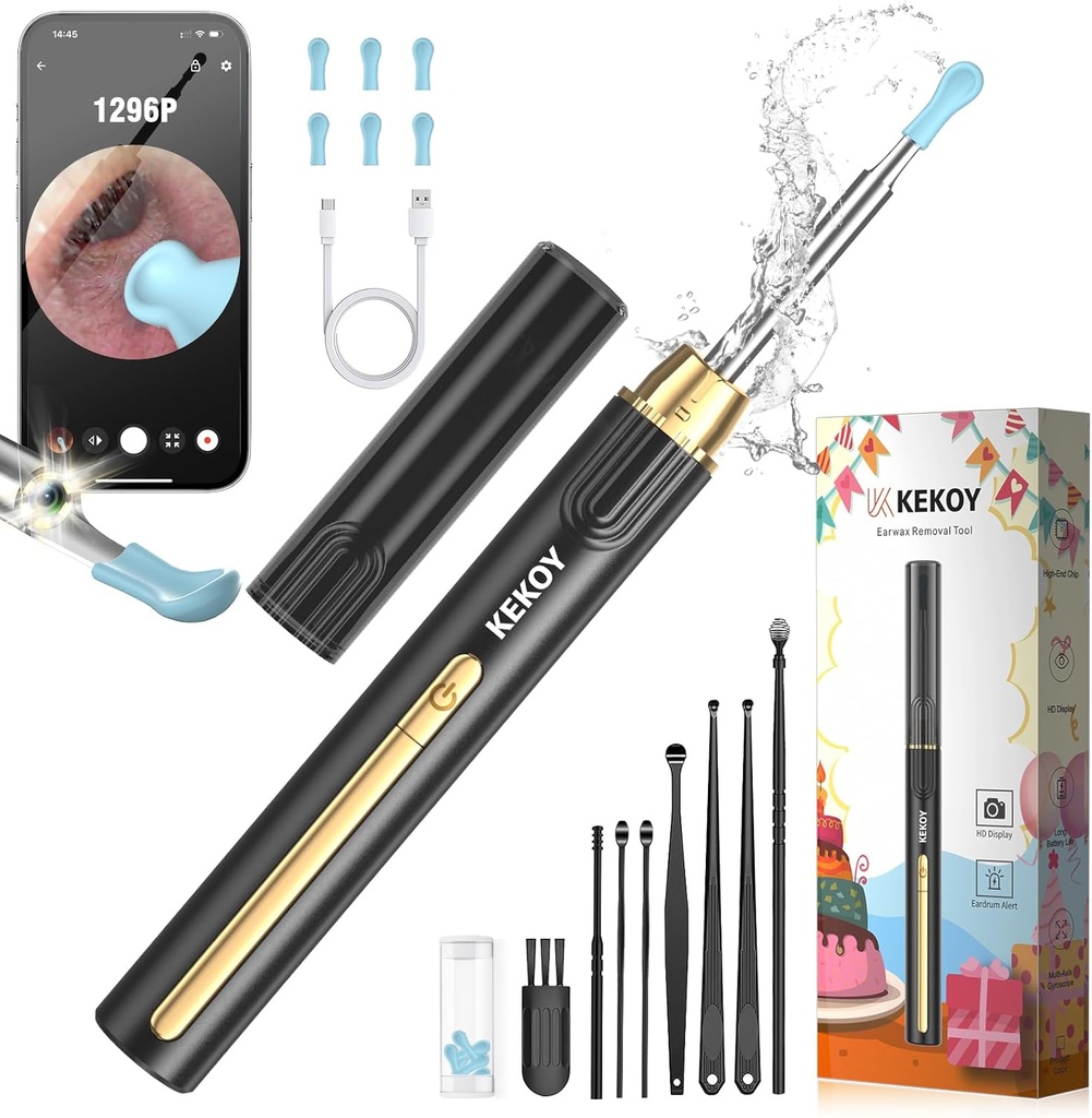 Kekoy Ear Cleaner cu camera de Craciun, 1296P HD Ear Wax Tool Camera de indepartare, WiFi Otoscop cu lumina pentru curatarea urechii, Endoscop ureche pentru iOS & Android, cu 8 buc Set ureche (Aur)