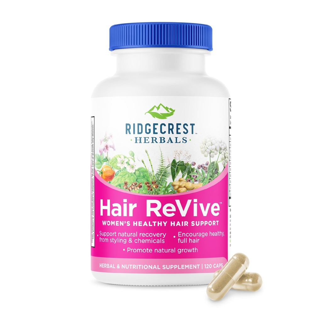 RidgeCrest Herbals Hair ReVive, Supliment nutritional al parului cu vitamina C, Biotina (6000mcg), Zinc, si cupru, Vitamine de par pentru femei pentru a sprijini parul sanatos, piele, si unghii (120 Capace, 30 Serviri)