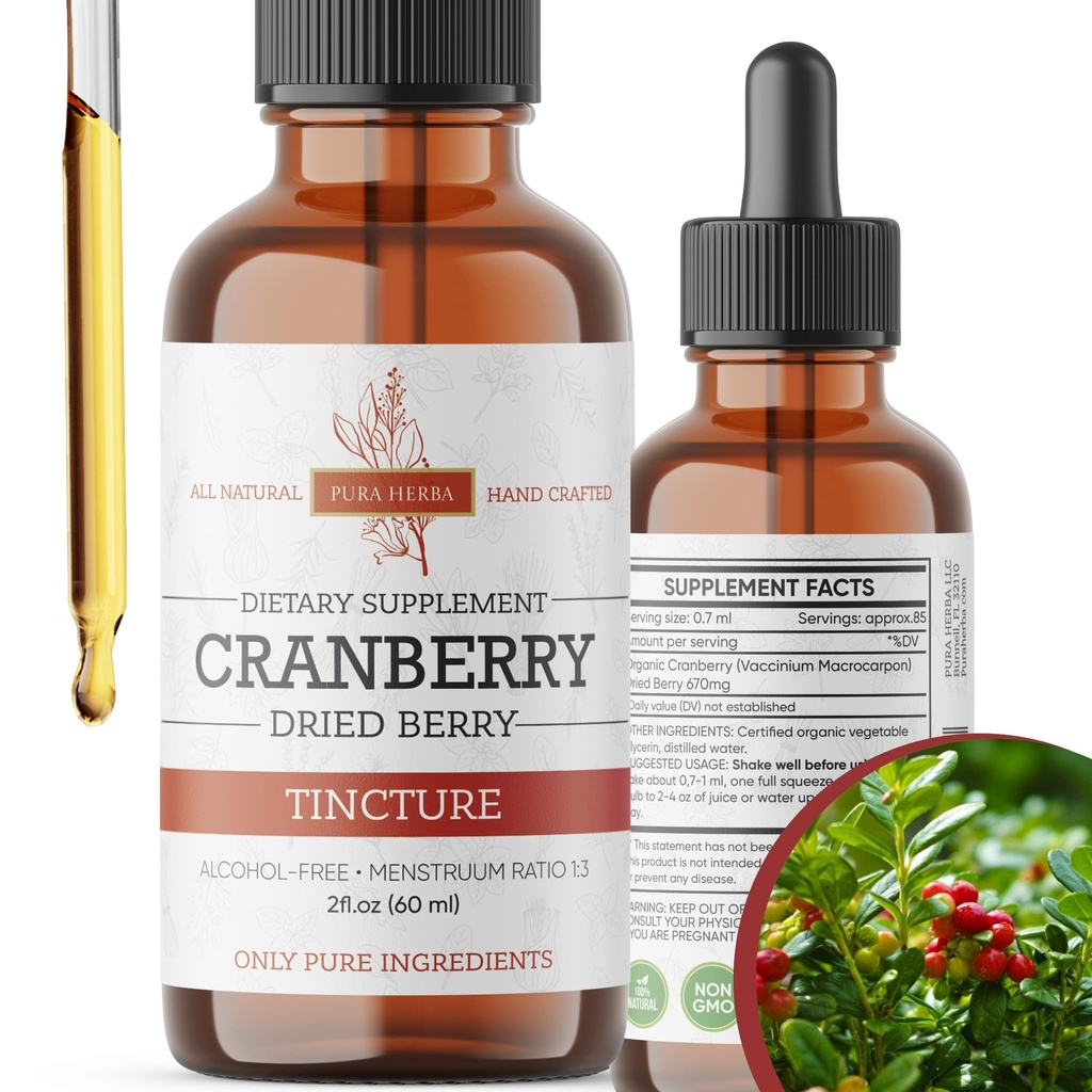 Cranberry Tincture - Extract organic de afine lichid, alcool - supliment Herbal gratuit - Made in USA