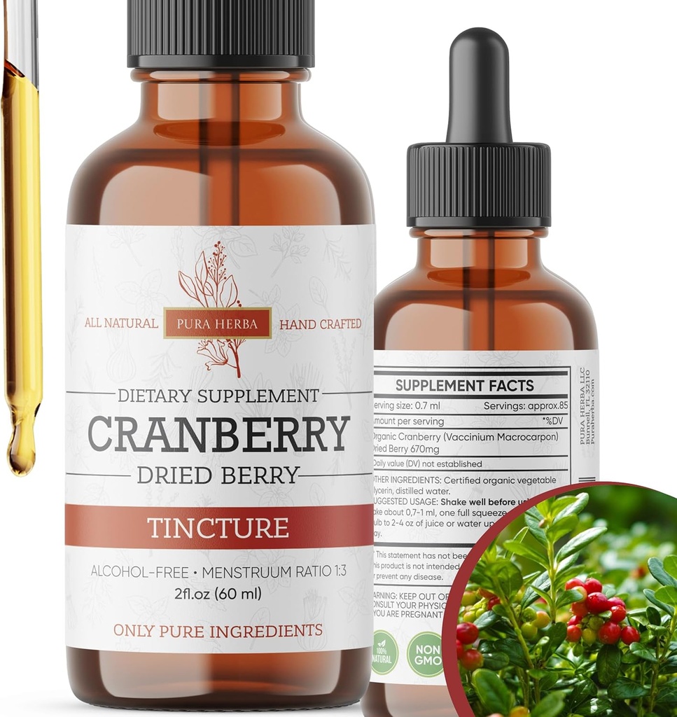 Cranberry Tincture - Extract organic de afine lichid, alcool - supliment Herbal gratuit - Made in USA