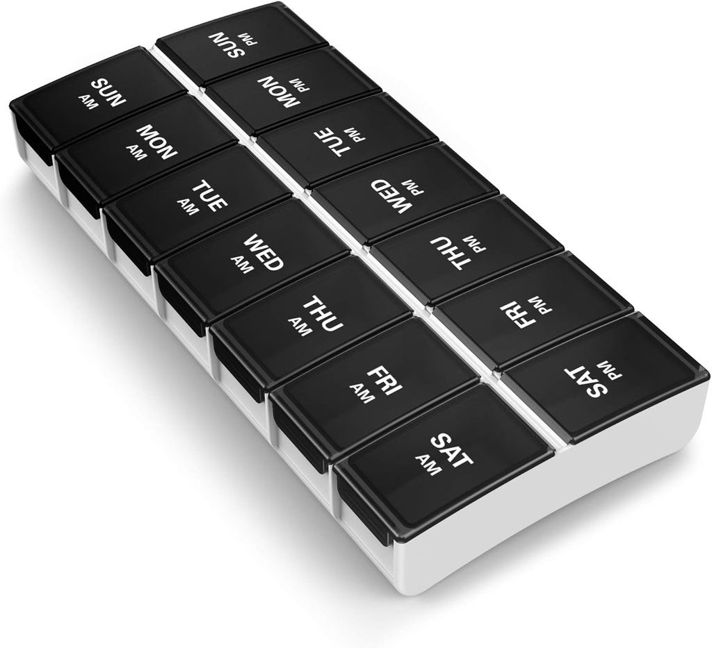 BUG HULL 7-ZILE AM/PM Organizator de pastile - Portable Pill Box, Caz de călătorie, Negru