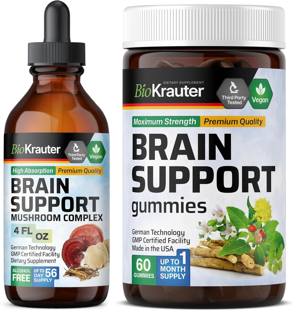 BIO KRAUTER Brain Support 60 Gumies & Brain Support Mushroom Tincture 4 Fl. Oz.