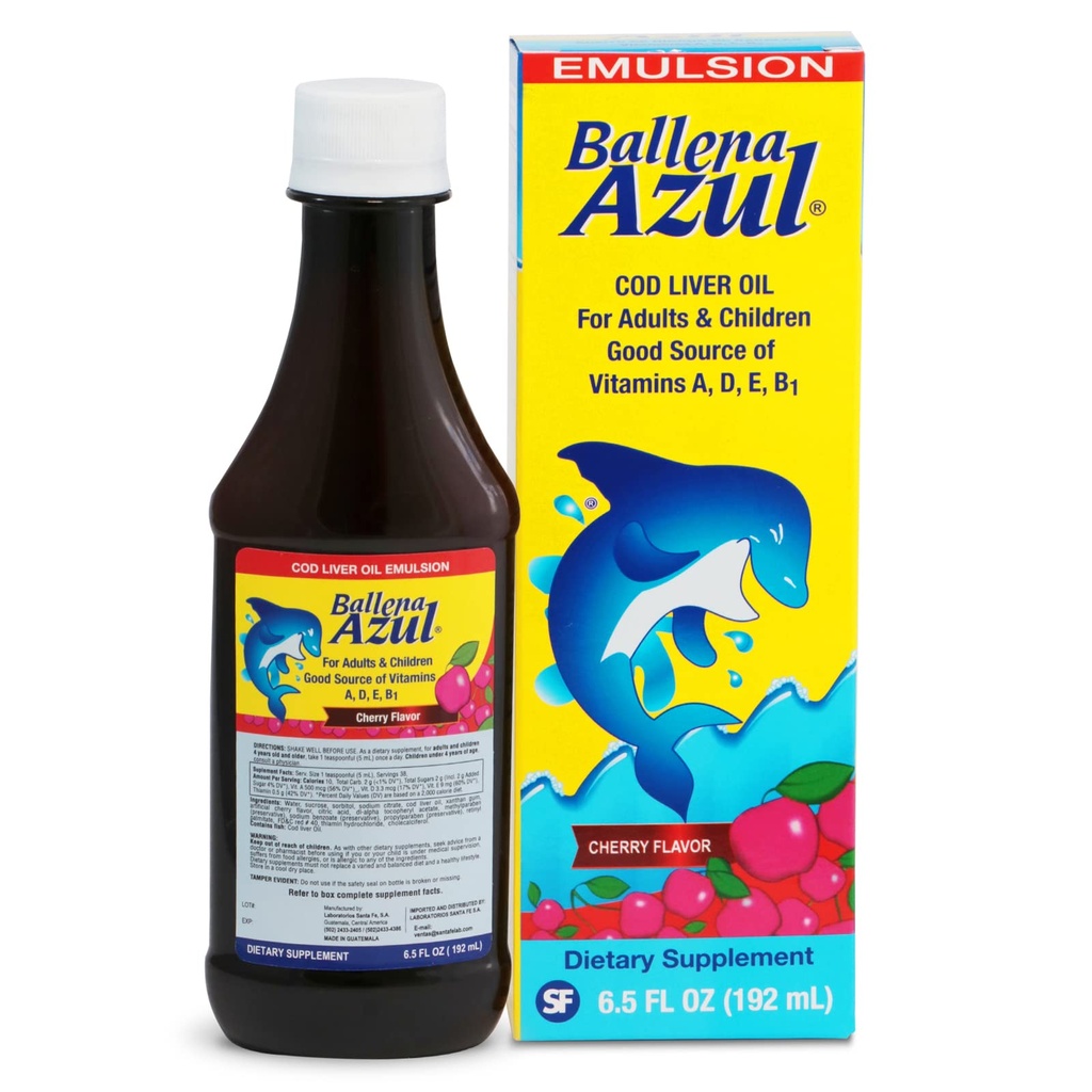 Ballena Azul Aceite de Hígado de Bacalao para Adultos y Niños, COD Ulei de ficat pentru adulți și copii, Sursa buna de vitamine A,D,E, B1, Supliment alimentar, Omega 3