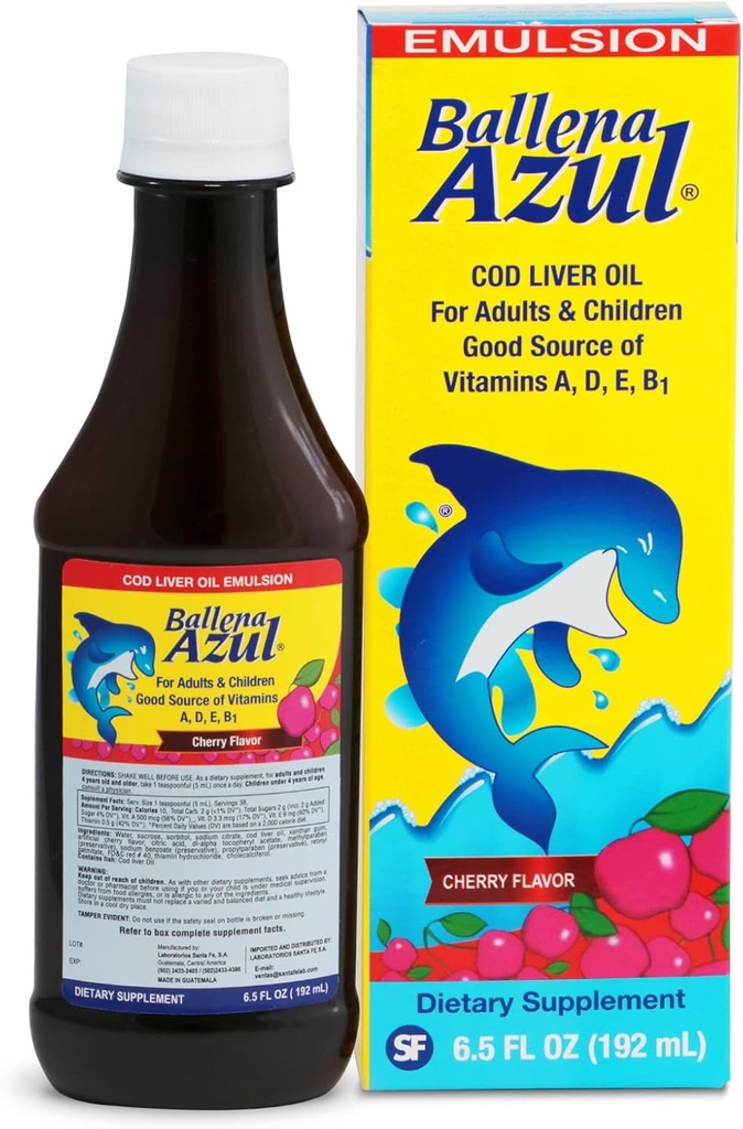 Ballena Azul Aceite de Hígado de Bacalao para Adultos y Niños, COD Ulei de ficat pentru adulți și copii, Sursa buna de vitamine A,D,E, B1, Supliment alimentar, Omega 3