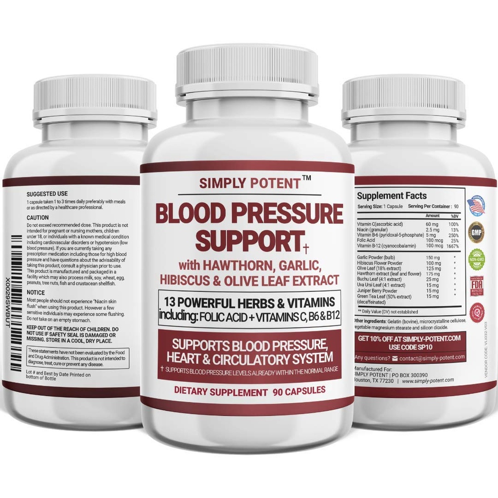 Suplimente de susţinere a tensiunii arteriale - Inimă sănătoasă, Colesterol, Cardio, Hipertensiune arterială, BP mare - 13 Vitamine şi plante - Acid folic, Vitamine C B6 şi B12, Hawthorn Olive Leaf Usturoi Hibiscus, 90 Capsule