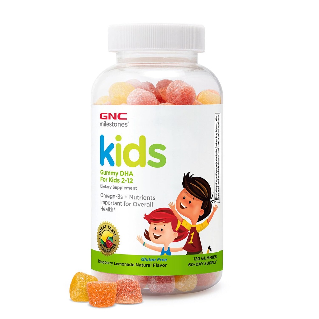 GNC Milestones Kids DHA Gummies, Kids Ages 2-12, Omega-3s, Eye and Brain Function & Development, Vitamina A & D, Sănătate Teeth & Bones, Gluten Free, No Artificial Flavors, Raspberry Lemon, 120 Gummies