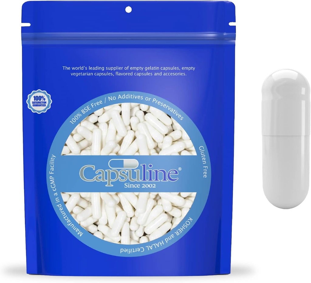 Capsuline Dimensiune 000 - Capsule albe de gelatină goale de culoare - 10000 Conte - Capsule goale pentru pastile de gel - DIY Capsule pure pentru pastile bovine - Capace goale - Kosher și Halal Certified - ne-GMO certificate