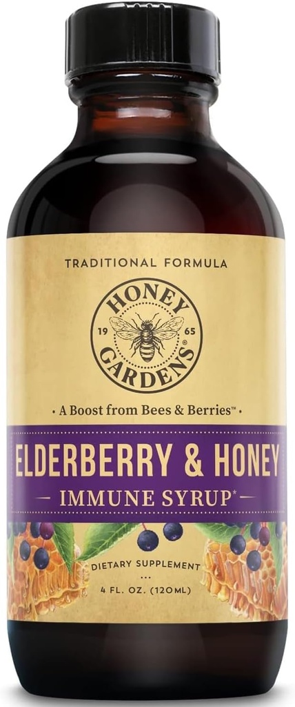 Honey Gardens Apiares Elderberry Syrup - Apioterapie Honey Raw - Propolis and Elderberberries - Cough - 4 oz