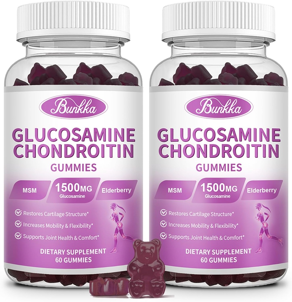 2 Pachet Glucosamină Chondroitin Gummies Extra Putere w/MSM, Elderberry, Acid hialuronic-Chestible supliment de sprijin comun pentru femei,Men,Adults-Antioxidant suport pentru confort comun și mobilitate