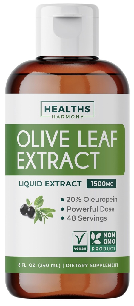 Olive Leaf Extract (non-GMO) Super Putere: 20% Oleuropein - 1500mg - Vegetarian - Immun Supplement de sprijin, Skin Health, și puternic antioxidants Supliment - lichid extract - 8 Fl Oz