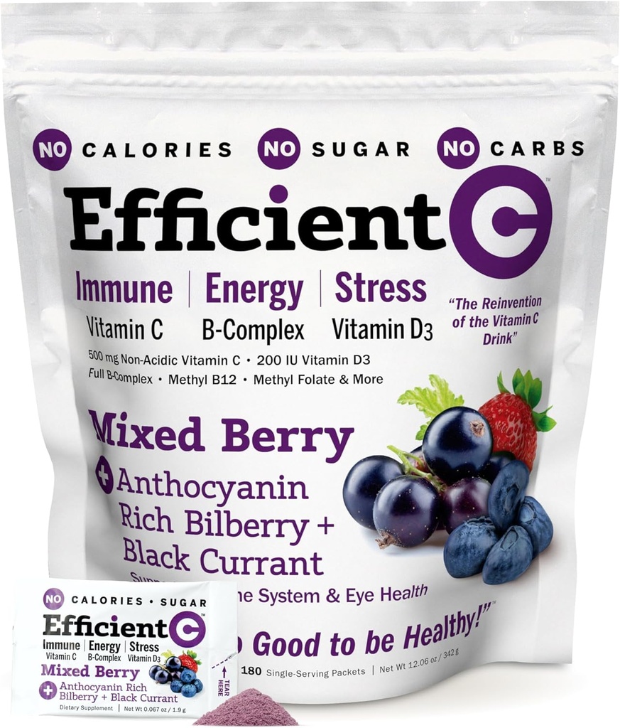 ANDREW LESSMAN Efficient C Berry 90 Pachete - Immune, Energie, Stres și Eye Health Support. Reinventarea băuturii vitamine C. Fără calorii. Fără zahăr. Fără carbohidraţi. Uşor de amestecat.