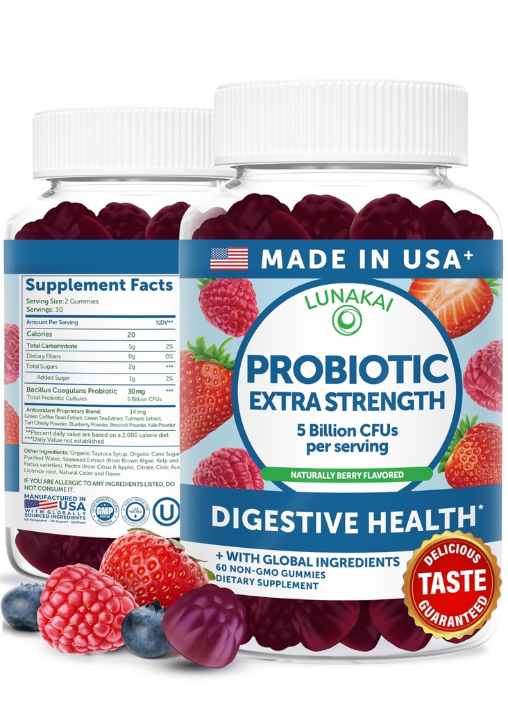 Lunakai SUA Made Probiotic Gummies - 5 miliarde CFU, Vegan, Non-GMO, Gluten-Free - Digestive & Immune Support for Women & Men - 60 Chewable Gummies