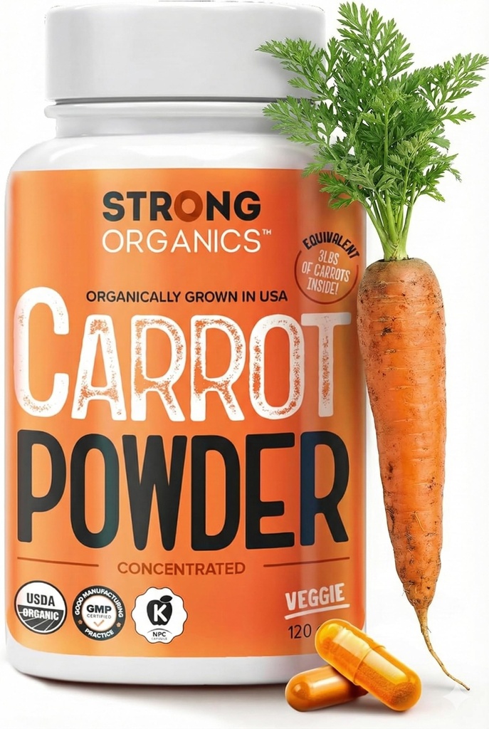USDA Capsule cu pulbere organică de morcovi (120), cultivate în SUA, suport pentru ochi, Beta Caroten, vitamina A, carotenoizi, antioxidanți, 106°F Max, Vegan, Kosher-2 luni de aprovizionare