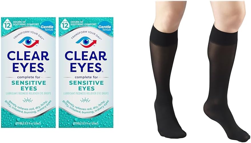 Clear Eyes Drops ochi sensibil 2 Pack & Truform Sheer Compression Stockings Femeii mare genunchi 20 Denier negru mediu