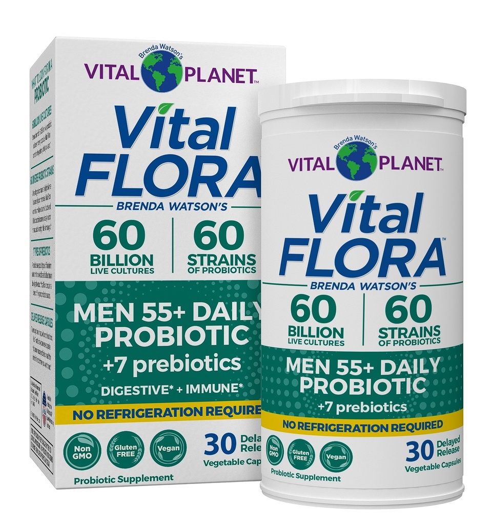 Vital Planet - Vital Flora Men Peste 55 Zilnic Probiotic, 60 Miliarde CFU, Diaverse Strine, Organic Prebiotice, Immune Support, Digestive Sanatate Probiotice stabile pentru barbati, 30 Capsule