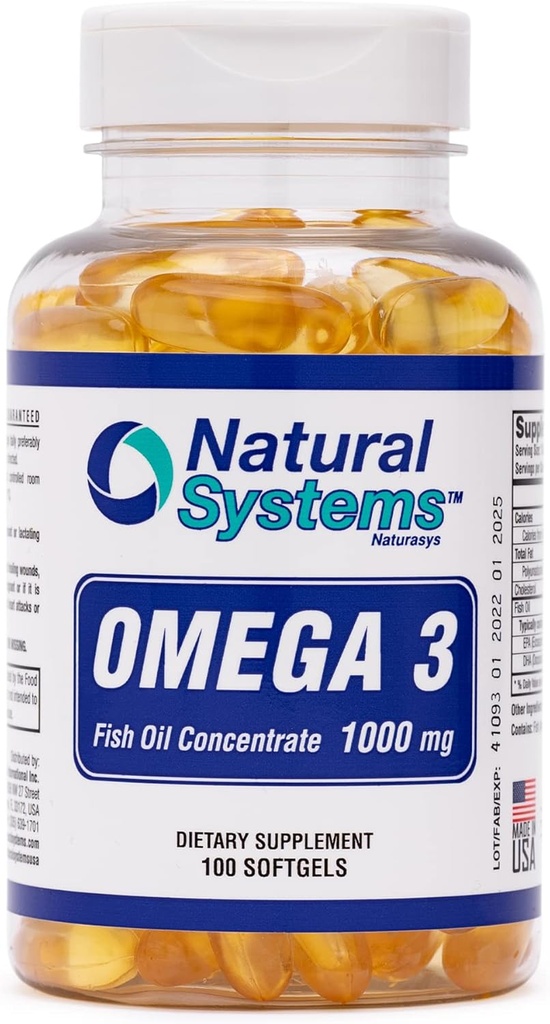 Omega 3 1000 mg ulei de pește 100 Softgels concentrate de sisteme naturale - Omega 3 Suplimente - Capsule pentru dieta zilnica - EPA - DHA - Perfect pentru inima, ochi, creier și articulații de sprijin