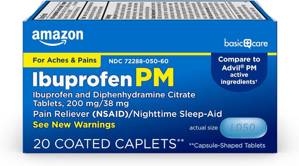 Amazon Basic Care Ibuprofen PM, Ibuprofen 200 mg și Difenhidramină Citrat 38 mg Tablete, Pain Reliever și noapte somn-Aid, 20 Conte