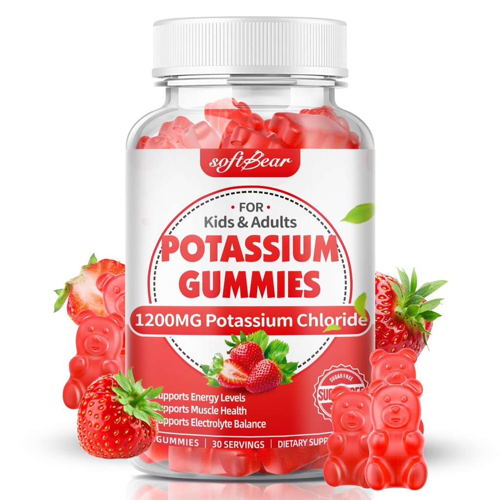 urs moale Gume de potasiu pentru adulți, zahăr liber Clorura de potasiu Gumries 1200mg suport Crampe picior și electrolit echilibru supliment de potasiu de mare potențial, aromă de căpșuni 60 Conte
