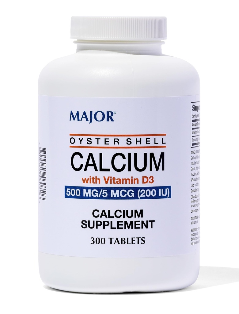 Major Oyster Shell Calciu cu vitamina D3 500 mg / 5 mcg (200 UI) - Supliment zilnic de calciu - 300 comprimate (1 ambalaj)